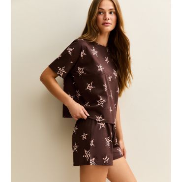 Women's Brown Leopard Print Star Short Sleeve Top and Shorts Pyjama Set New Look