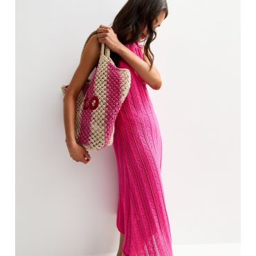 Women's Bright Pink Crochet Tie Shoulder Midi Dress Sunshine Soul New Look