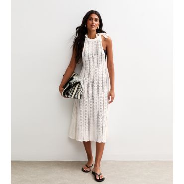 Women's White Crochet Tie Shoulder Midi Dress Sunshine Soul New Look