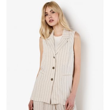 Women's Stone Woven Long Length Pinstripe Waistcoat Apricot New Look