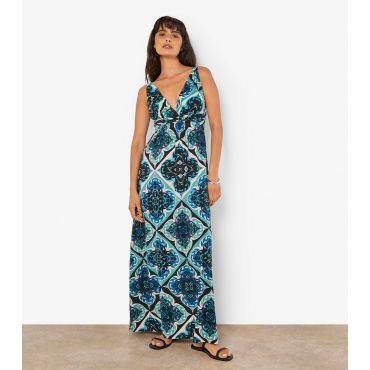 Women's Light Blue Tile Print Maxi Dress Apricot New Look
