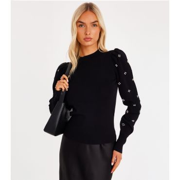 Women's Black Knit Faux Pearl Jumper Quiz New Look