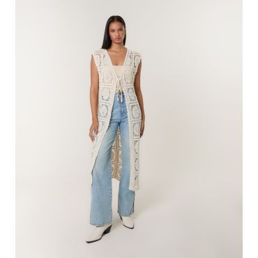 Women's Stone Longline Crochet Knit Top Blue Vanilla New Look