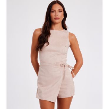 Women's Stone Faux Suede Wrap Playsuit Quiz New Look