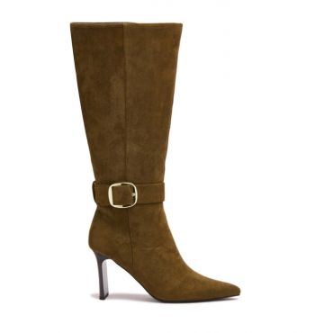 Women's Khaki Buckle Trim Faux Suede Knee High Boots London Rebel New Look