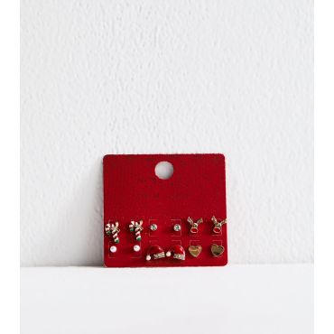 Gold Tone Pack of 6 Christmas Festive Stud Earrings New Look