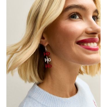 Silver Tone Christmas Ho Ho Ho Drop Earrings New Look