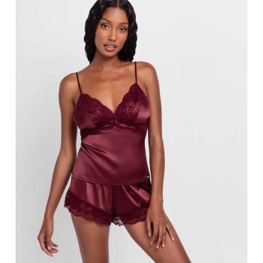 Women's Bright Red Lace Trim Satin Shorts Dorina New Look