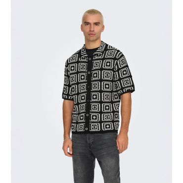 Men's Black Crochet Knit Relaxed Shirt Only and Sons New Look