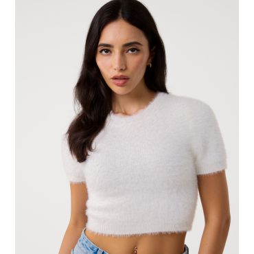 Women's Off White Short Sleeve Fluffy Jumper Pink Vanilla New Look