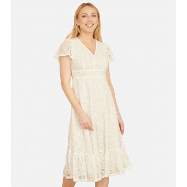 Women's White Lace Tiered Hem Midi Dress Yumi New Look