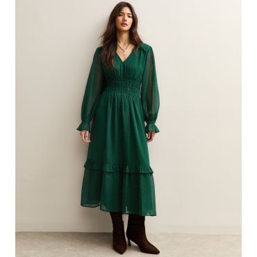 Women's Dark Green Dobby Ruched Waist Midi Dress New Look