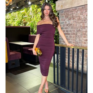 Women's Dark Purple Off The Shoulder Ruched Midi Dress AX Paris New Look