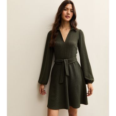 Women's Dark Khaki Crinkled Long Sleeve Mini Dress New Look