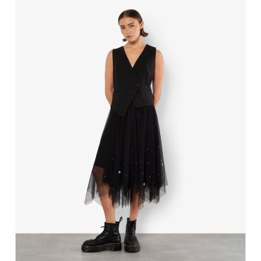 Women's Black Tulle Faux Pearl Midi Skirt Apricot New Look