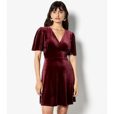 Women's Burgundy Velvet V Neck Empire Mini Dress Apricot New Look