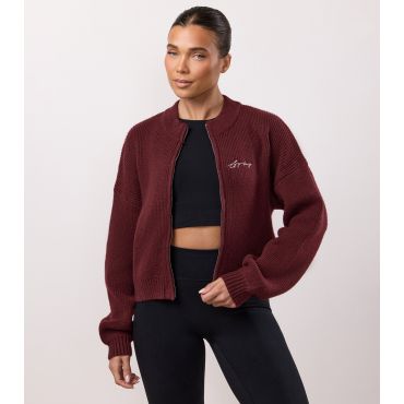 Women's Burgundy Rib Knit Zip Jacket Gym King New Look