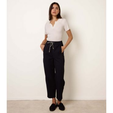 Women's Navy Elasticated Drawstring Trousers Blue Vanilla New Look