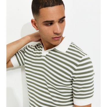 Men's Green Striped Knitted Polo Shirt Only and Sons New Look