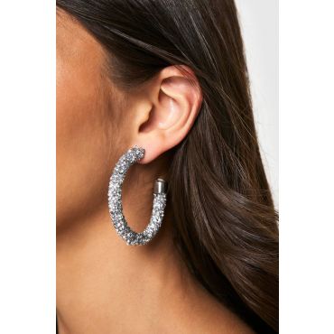 Diamante Cluster Hoop Earrings - Gris - Argent - One Size, Gris - Argent