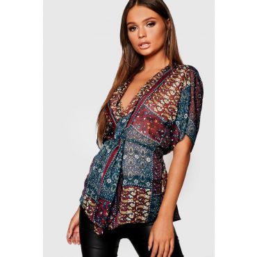 boohoo Femmes Blouse Boho a Motif avec Nœud Frontal | Baie | Taille: 34