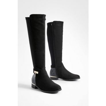 Croc Flat Bottes Mi-Mollet En Daim Synthétique Effet Croc - Noir - 37, Noir