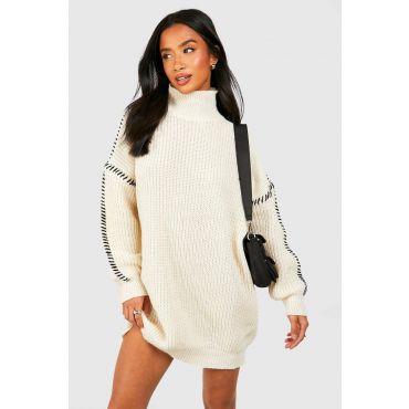 "Petite" Robe Pull À Coutures Contrastées - Blanc Cassé - S, Blanc Cassé