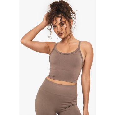 Boohoo Basics Soutien-Gorge De Sport Léger À Maintien Longline En Côtes Sans Couture - Marron Moka - S, Marron Moka