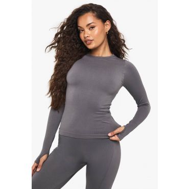 Boohoo Basics Haut À Manches Longues En Côtes Sans Couture - Gris Anthracite - L, Gris Anthracite