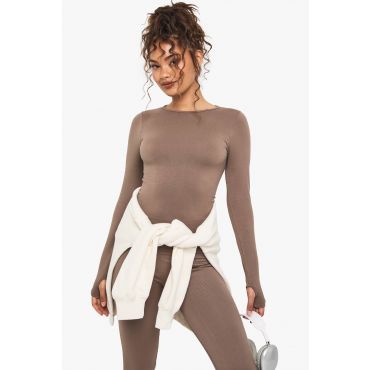 Boohoo Basics Haut À Manches Longues En Côtes Sans Couture - Marron Moka - L, Marron Moka