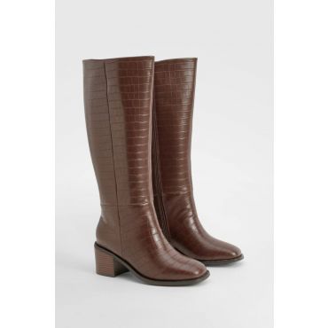 boohoo Femmes Wide Fit Croc Block Knee High Boots | Chocolat | Taille: 40