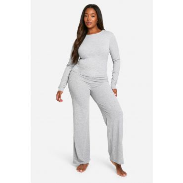 "Plus" Ensemble Coordonné De Haut À Manches Longues En Côte Douce Et Pantalon - Gris Perle - 56, Gris Perle