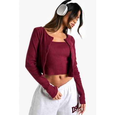 boohoo Femmes Cardigan a Côtes Brossees Boutonne Traversant & Camisole | Vin | Taille: 42