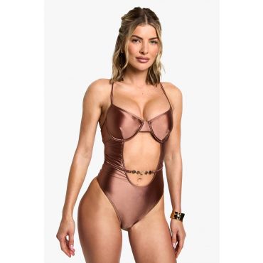 boohoo Femmes Maillot de Bain a Decoupes Sous-Armatures et Bordure Satinee | Chocolat | Taille: 34