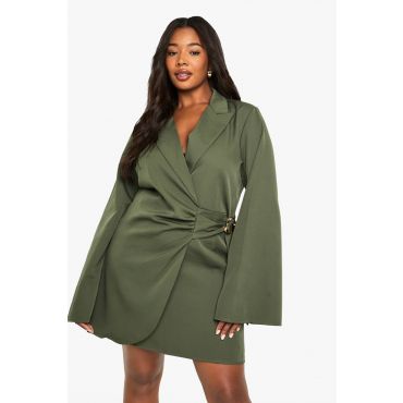 Robe Blazer Sur Mesure À Détails De Boucle Et Ceinture Nouée À La Taille - Vert Kaki - 52, Vert Kaki