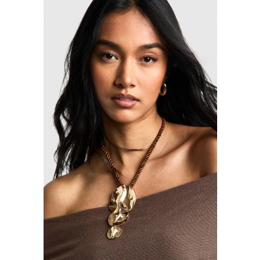 Collier En Corde En Métal Martelé Statement - Jaune Or - One Size, Jaune Or