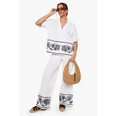 boohoo Femmes Pantalon Ample en Popeline de Coton Orne de Bordures Brodees | Blanc | Taille: 34