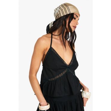 boohoo Femmes Cami Tissee a Bordure en Dentelle | Noir | Taille: 40