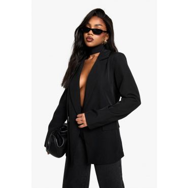 boohoo Femmes Blazer en Tissu Tisse avec Detail de Col Noue | Noir | Taille: 38