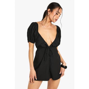 boohoo Femmes Combinaison en Popeline de Coton a Manches Bouffantes | Noir | Taille: 40