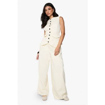 boohoo Femmes Pantalon Tailleur Plisse a Jambe Extra-Large et Évasee | Creme | Taille: 40