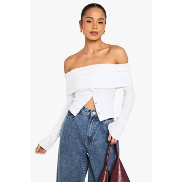 boohoo Femmes Popper Detail Off The Shoulder Long Sleeve Top | Blanc | Taille: 42