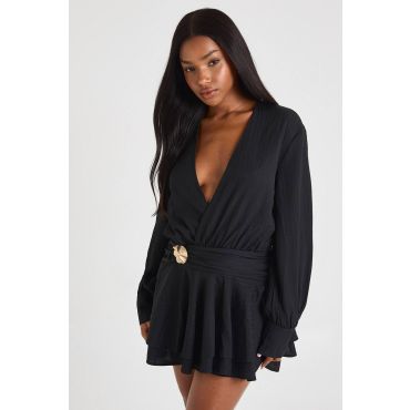 boohoo Femmes Robe-Chemise Évasee a Garniture Doree Texturee | Noir | Taille: 42