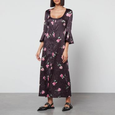 Ganni Floral-Print Crinkled Satin Midi Dress - EU 36/UK 8