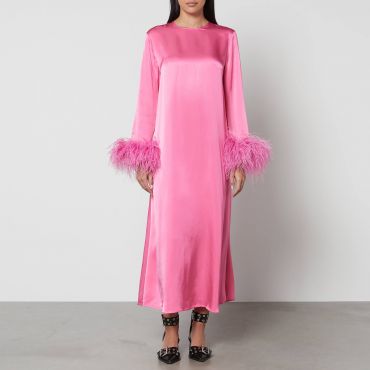 Sleeper Suzi Feather-Trimmed Satin Maxi Dress