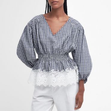 Barbour Glamis Broderie Anglaise Checked Woven Top - UK 8