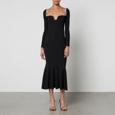 Self-Portrait Diamante-Embellished Ribbed-Knit Midi Dress - S