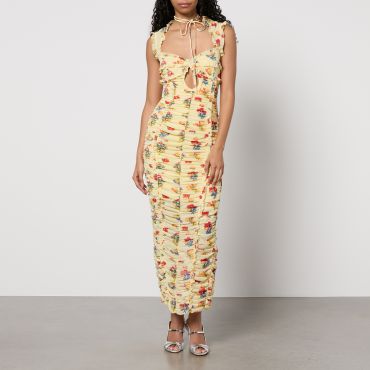De La Vali Ruched Floral-Print Chiffon Midi Dress - UK 12