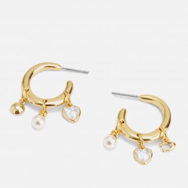 Coach Charm Embellished Pendant Gold-Tone Hoop Earrings
