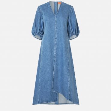 Stine Goya Puff Sleeves Denim Midi Dress - S